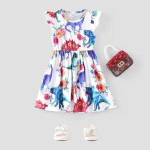 Toddler Girl Animal Dinosaur Floral Print Flutter-sleeve Dress #768392