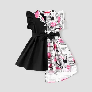 Toddler Girl Asymmetrical Panel Flutter-sleeve Belted Shirt Dress #847882