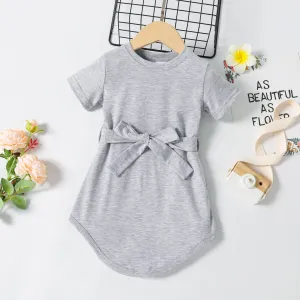 Toddler Girl Basic Solid Belted Short-sleeve Dress #909991