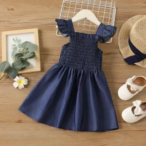 Toddler Girl Blue Flutter-sleeve Smocked Cotton Dress #1032827