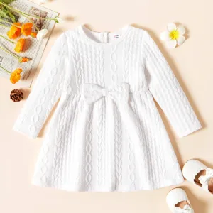Toddler Girl Bowknot Design Cable Knit Long-sleeve Solid Dress #193357