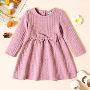 Toddler Girl Bowknot Design Cable Knit Long-sleeve Solid Dress #193358