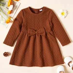 Toddler Girl Bowknot Design Cable Knit Long-sleeve Solid Dress #193362