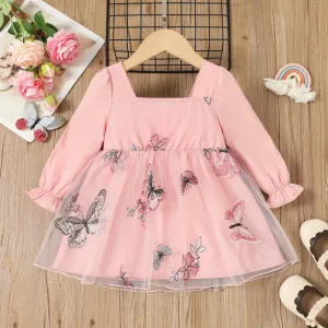 Toddler Girl Butterfly Embroidery Square Collar Ruffle Mesh Long-sleeve Fairy Dress #1052412