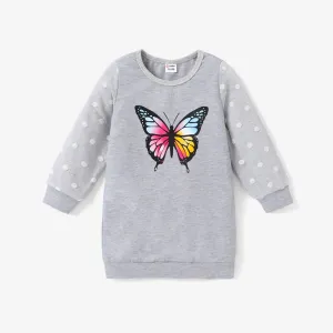 Toddler Girl Butterfly Polka Dots Mesh Layered Long-sleeve Grey Dress #205150