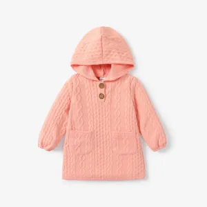 Toddler Girl Button Design Cable Knit Textured Hooded Dress #195720