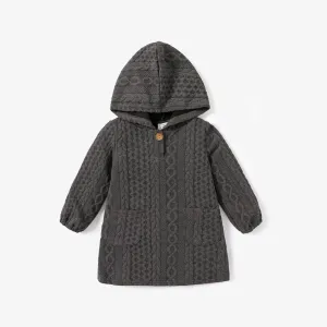 Toddler Girl Button Design Cable Knit Textured Hooded Dress #195725