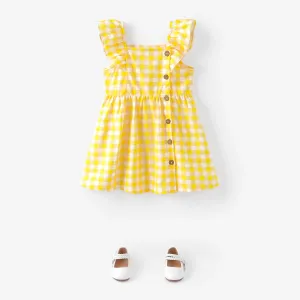 Toddler Girl Button Design Lemon Print/Plaid Flutter-sleeve Dress #796974
