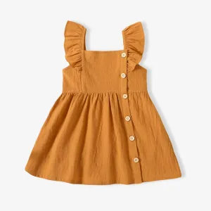 Toddler Girl Button Design Solid Color/Floral Print/Stripe Ruffled Strap Dress #829911