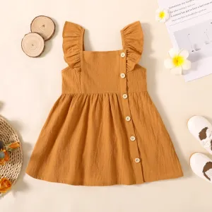 Toddler Girl Button Design Solid Color/Floral Print/Stripe Ruffled Strap Dress #891933