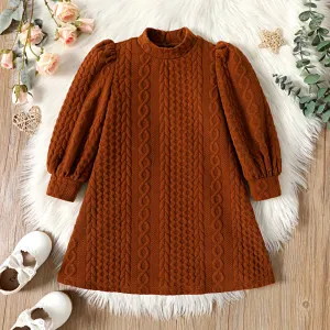 Toddler Girl Cable Knit Textured Mock Neck Long Puff-sleeve Dress #207535