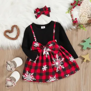 Toddler Girl Christmas Faux-two Bowknot Design Splice Long-sleeve Dress #815861