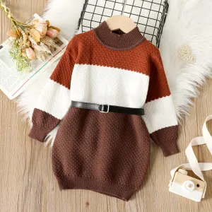 Toddler Girl Colorblock Mock Neck Textured Long-sleeve Knit Dress (Belt is not included) #205581