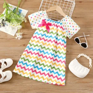 Toddler Girl Colorful Stripe & Polka Dots Pattern Short-sleeve Dress #1042251