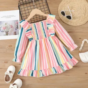 Toddler Girl Colorful Stripe Ruffled Smocked Long-sleeve Dress #1054650
