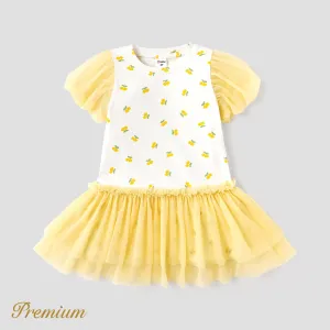Toddler Girl Cotton Allover Lemon Print Puff-sleeve Spliced Mesh Dress #912299