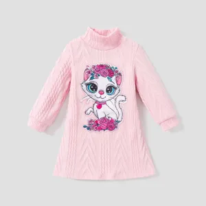 Toddler Girl Cute  Childlike Animal Cat Pattern Long Sleeve Dress #1091238
