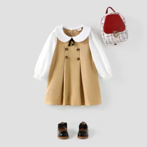 Toddler Girl Doll Collar Bowknot Design Mesh Long-sleeve Khaki Dress #195429