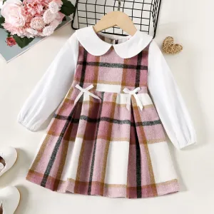 Toddler Girl Doll Collar Plaid Bowknot Design Long-sleeve Dress #222875