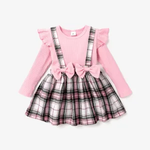 Toddler Girl Faux-two Bowknot Design Plaid Long-sleeve Dress #212265