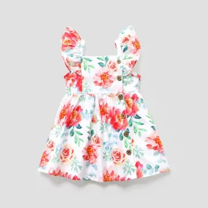 Toddler Girl Floral Print/Coral Red Square Neck Button Design Flutter-sleeve Dress #814800