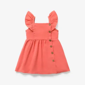 Toddler Girl Floral Print/Coral Red Square Neck Button Design Flutter-sleeve Dress #814807
