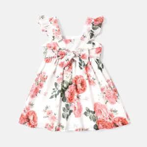 Toddler Girl Floral Print Square Neck Flutter-sleeve Belted Dress #219613