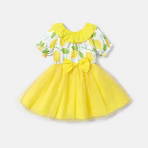 Toddler Girl Flounce Lemon Print Bows Design Mesh Splice Short-sleeve Dress