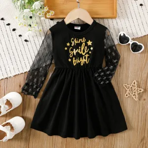 Toddler Girl Glitter Letter Graphic Mesh Long-sleeve Dress #1052728