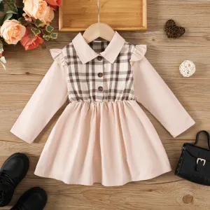 Toddler Girl Grid Lapel and Botton Design Dress #1056857