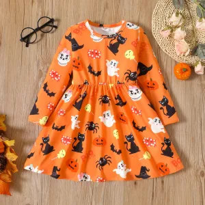 Toddler Girl Halloween Ghost Print Long-sleeve Dress #1026134