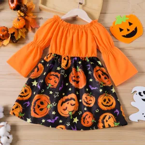 Toddler Girl Halloween Graphic Ruffled Off Shoulder Long-sleeve Splice Dress #1026121