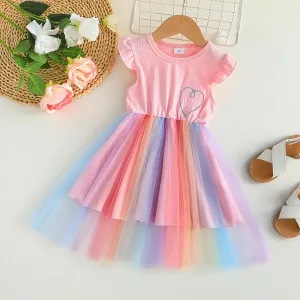 Toddler Girl Heart Embroidered Colorful Mesh Overlay Rib-knit Combo Fairy Dress #1037609