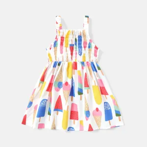 Toddler Girl Ice Cream Print Colorblock Smocked Slip Dress #225536