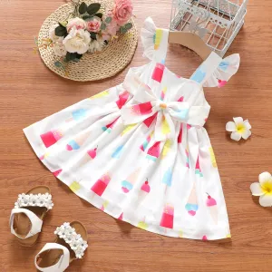 Toddler Girl Ice Cream Print Flutter-sleeve Belted Dress #867649