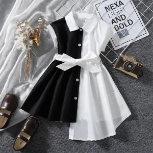 Toddler Girl Lapel Collar Button Design Irregular Hem Black & White Splice Short-sleeve Dress #200762