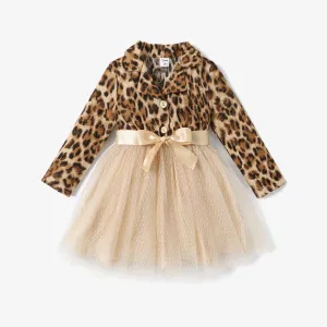 Toddler Girl Leopard Stitched Polka Dot Mesh Long Sleeve Dress #1062554