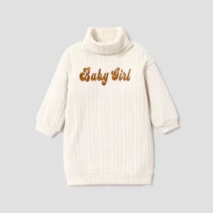 Toddler Girl Letter Embroidered Textured Turtleneck Long-sleeve Sweater Dress #223093