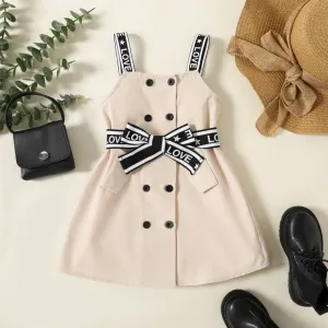 Toddler Girl Double Breasted Belted Letter Design Strap Dress #765522