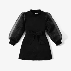 Toddler Girl Mock Neck Mesh Design Puff-sleeve Belted Black Dress #222884