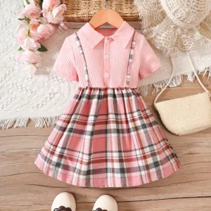 Toddler Girl Plaid Panel Short-sleeve Rib-knit 2 In 1 Dress #1046731