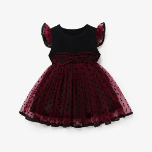 Toddler Girl Polka dots Flutter-sleeve Mesh Splice Dress #806800