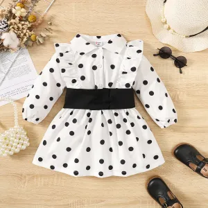 Toddler Girl Polka Dots Ruffle Trim Long-sleeve Belted Dress #1054817
