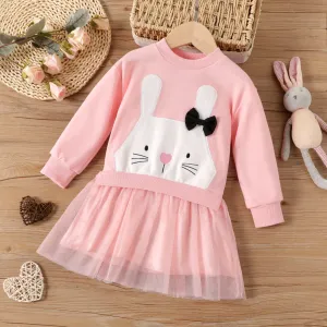 Toddler Girl Rabbit Pattern Fabric Stitching Mesh Dress #1061745