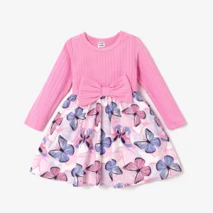 Toddler Girl Ribbed Bowknot Design Butterfly Print Splice Long-sleeve Dress #209813