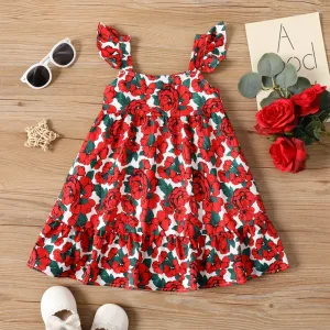 Toddler Girl Rose Pattern Flutter Sleeve Dress #1059559