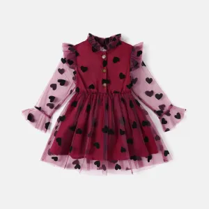 Toddler Girl Ruffle Collar Heart Embroidered Mesh Long-sleeve Dress #818297