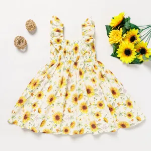 Toddler Girl Ruffled Smocked Floral Print/ Yellow Flutter-sleeve Dress #235676