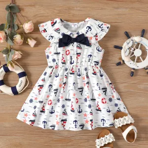 Toddler Girl Sailboat Print Bow Decor Ruffle Collar Sleeveless Dress #890675
