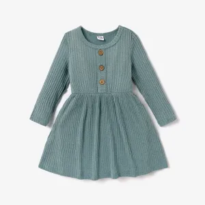Toddler Girl Solid Color Button Design Ribbed Long-sleeve Dress #207585